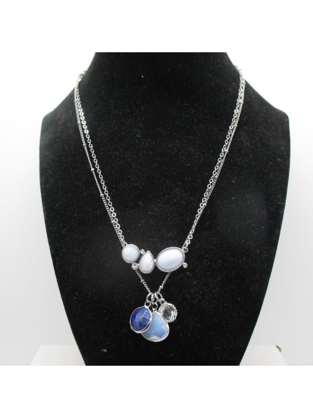 WHBM Silver Tone Layered Necklace Blue & White Gemstone Accents Quality Studio